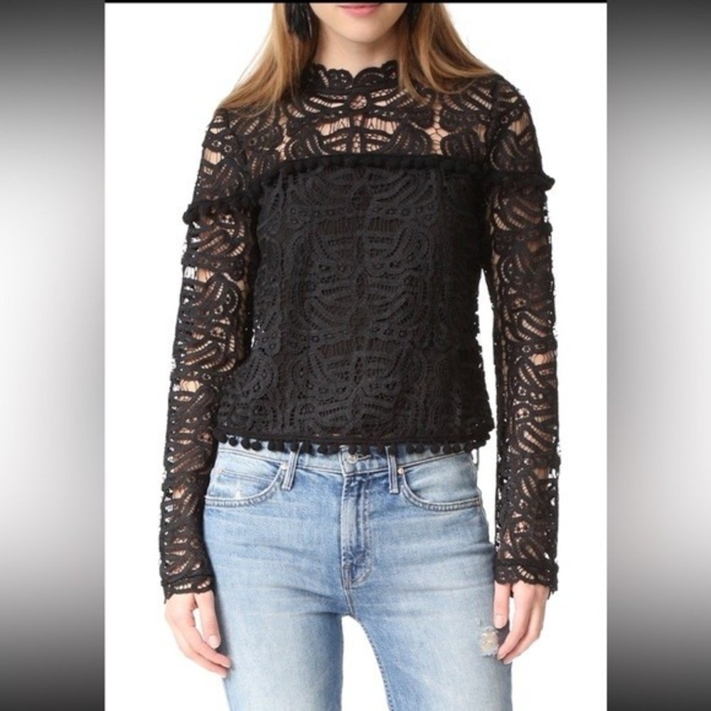 Tularosa Holly Black Lace Long Sleeve Top Pom Pom Trim‎ Mock Neck Sz S